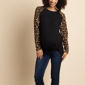 Black Leopard Print Knit Maternity Knot Top